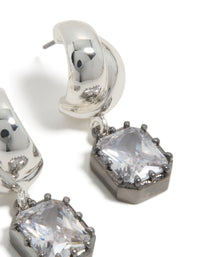 Crafted from silver and gunmetal plated metal featuring statement drop earrings with square cubic zirconia stones highlighting post detail view - link has visual effect only