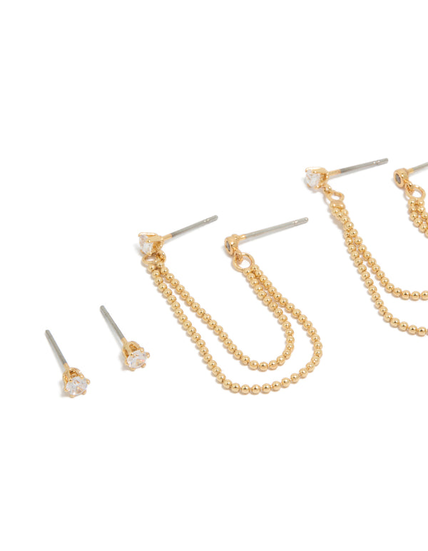 Gold Plated  Cubic Zirconia Double Layered Chain & Stud Earrings 3-Pack