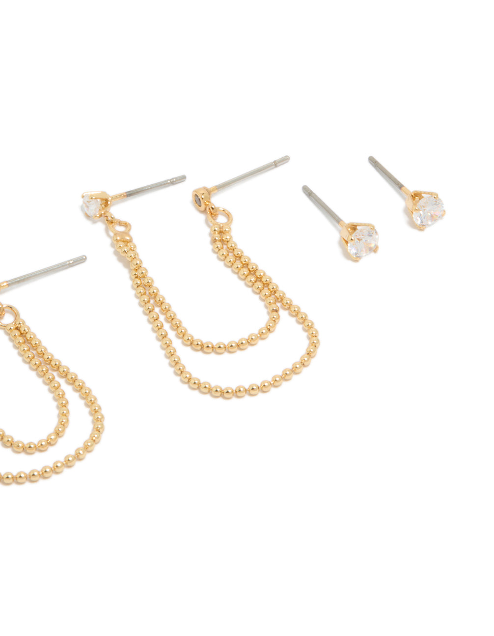 Designed with gold plated cubic zirconia, this double layered chain features beads, and stud closure in statement style, 3-pack post detail view