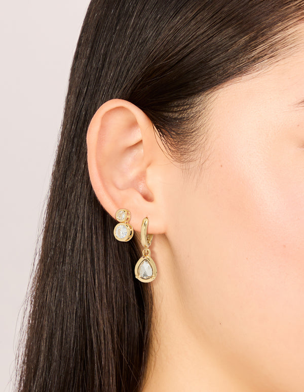 Gold Plated Cubic Zirconia Large Bezel Set Studs & Huggie Earrings 3-Pack