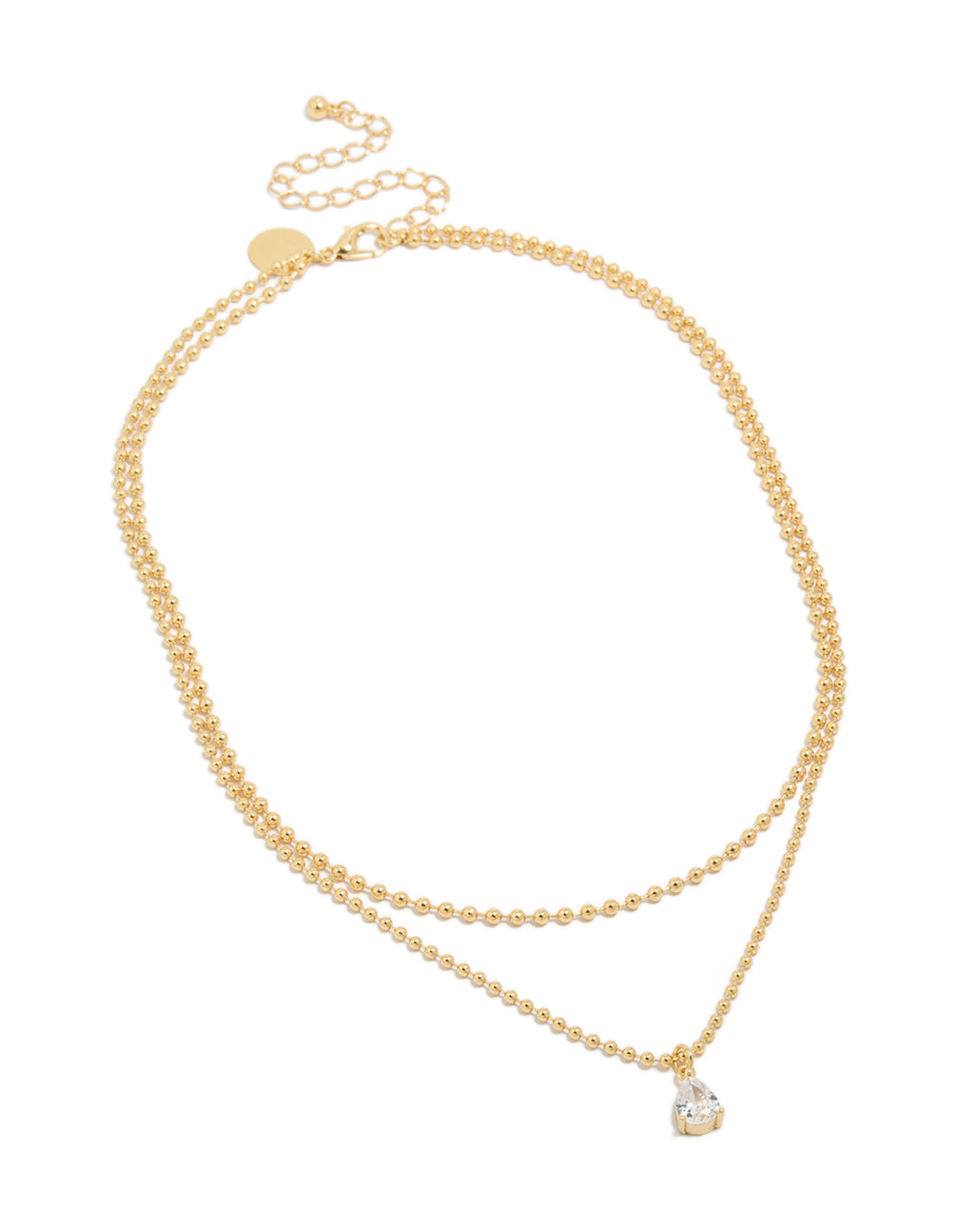 Discover this gold plated cubic zirconia teardrop pendant and ball layered necklace featuring crystal in dainty style front view