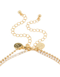Elegant gold plated cubic zirconia tennis and droplets layered necklace with balls clasp detail view - link has visual effect only