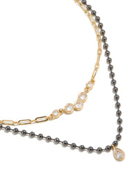 Discover mixed metal plated cubic zirconia teardrop and cluster layered necklace featuring balls and crystal in gold front view - link has visual effect only