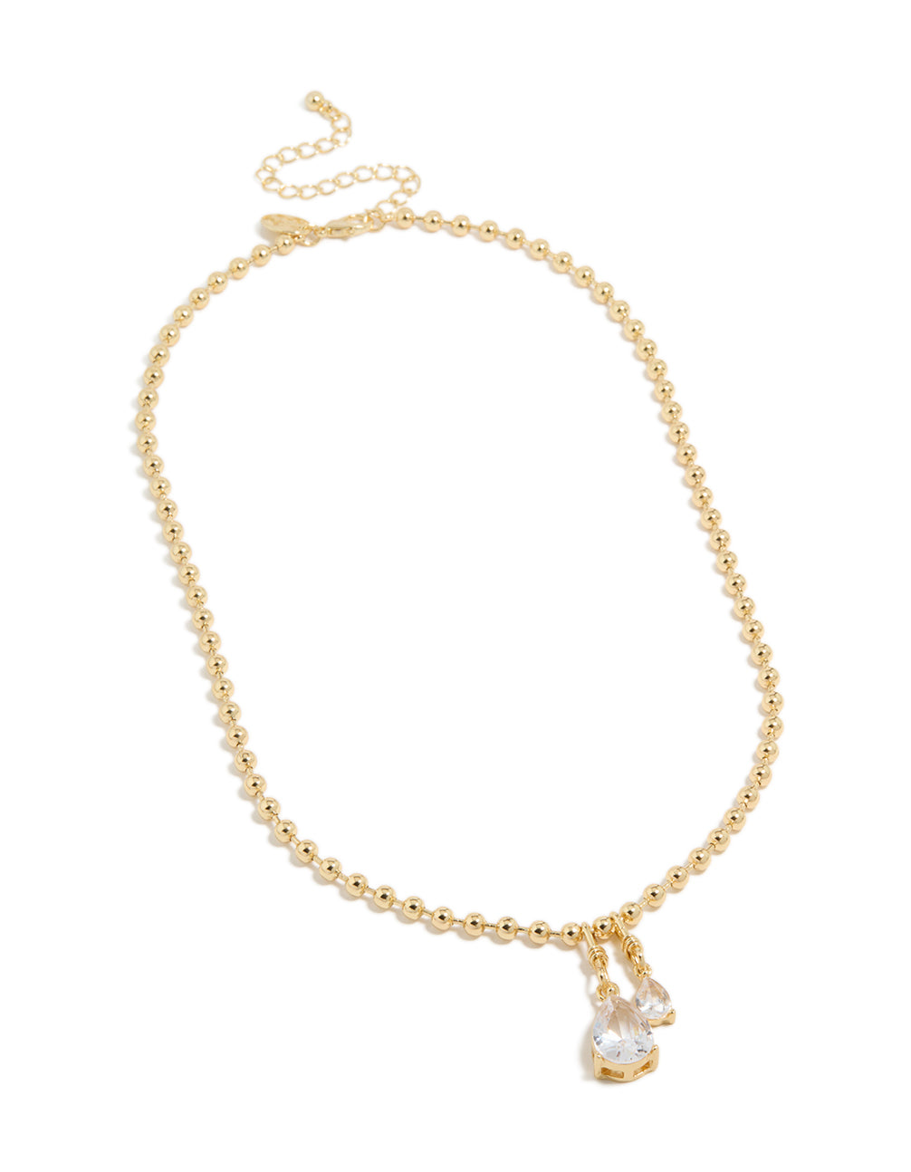 Presenting a gold plated double cubic zirconia teardrop pendant necklace with ball chain front view