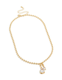 Elegant double teardrop cubic zirconia pendant necklace with gold plated ball chain front view - link has visual effect only