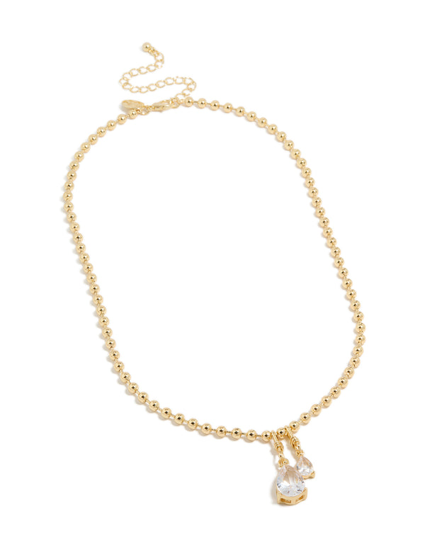 Elegant double teardrop cubic zirconia pendant necklace with gold plated ball chain front view