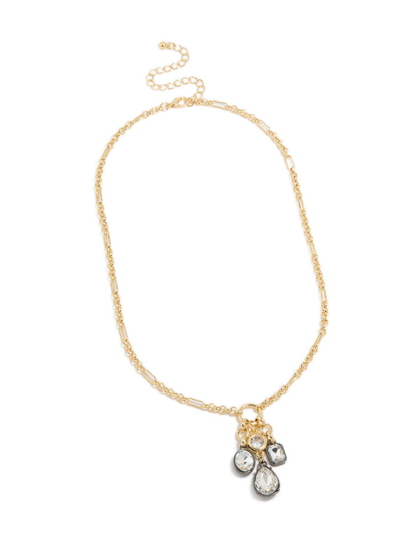 Explore this mixed metal plated diamante cluster drop necklace featuring cubic zirconia, and statement gold design front view