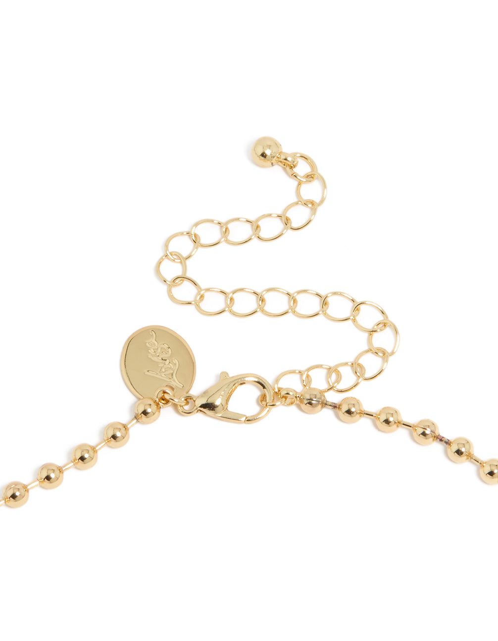 Designed with mixed metal plated cubic zirconia pendant and ball chain necklace featuring crystal in gold clasp detail view