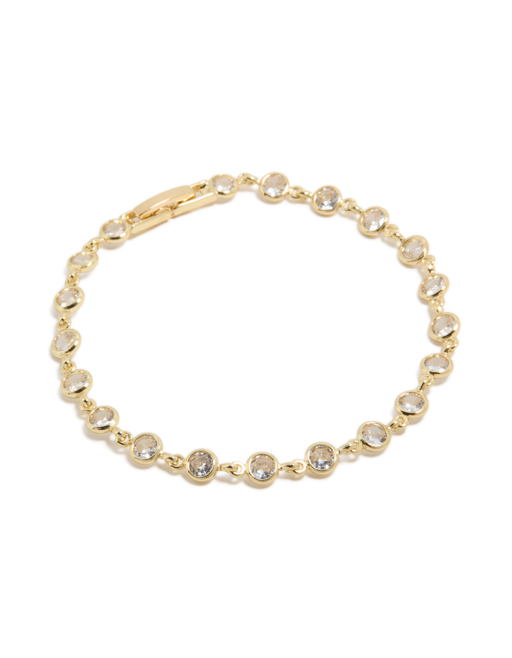 Showcasing a gold plated bezel cubic zirconia tennis bracelet front view