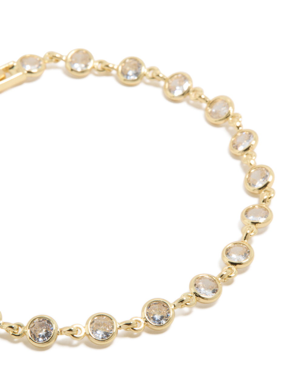 Featuring gold plated bezel cubic zirconia tennis bracelet close up view