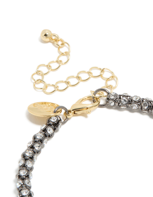 Crafted from mixed metal plated diamante fireball chain bracelet with cubic zirconia in gold and silver closure detail view