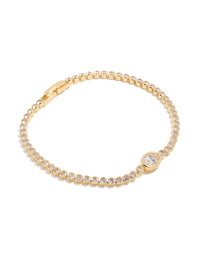 Showcasing a gold plated tennis bracelet featuring oval cubic zirconia stones detail front view - link has visual effect only