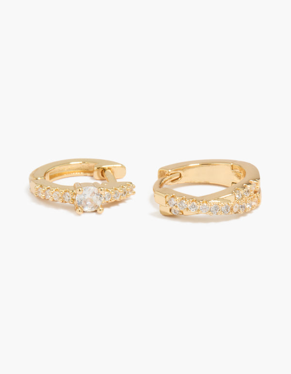 Gold Plated Cubic Zirconia & Criss Cross Huggie Earrings 2-Pack
