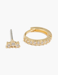 Gold Plated Mini Cubic Zirconia Stud  & Huggie Earrings 2-Pack - link has visual effect only