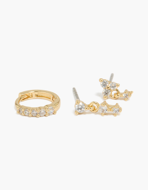 Gold Plated Cubic Zirconia Mini Huggie & Drop Earrings 3-Pack