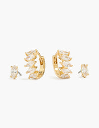 Gold Plated Marquise Cubic Zirconia Huggie & Stud Earrings 2-Pack - link has visual effect only