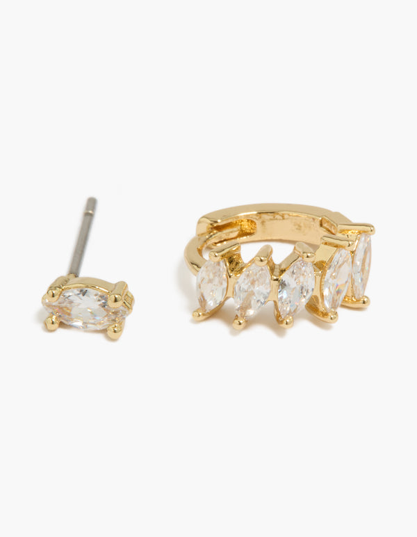 Gold Plated Marquise Cubic Zirconia Huggie & Stud Earrings 2-Pack