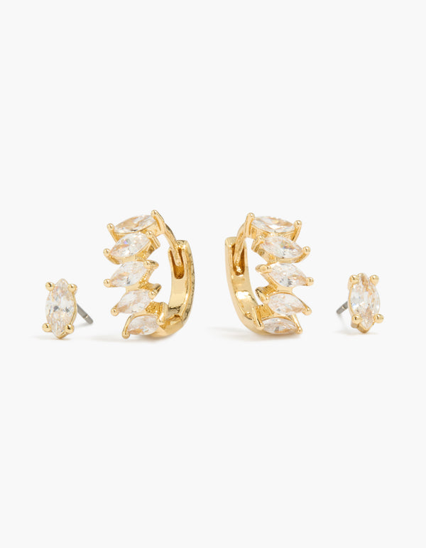 Gold Plated Marquise Cubic Zirconia Huggie & Stud Earrings 2-Pack