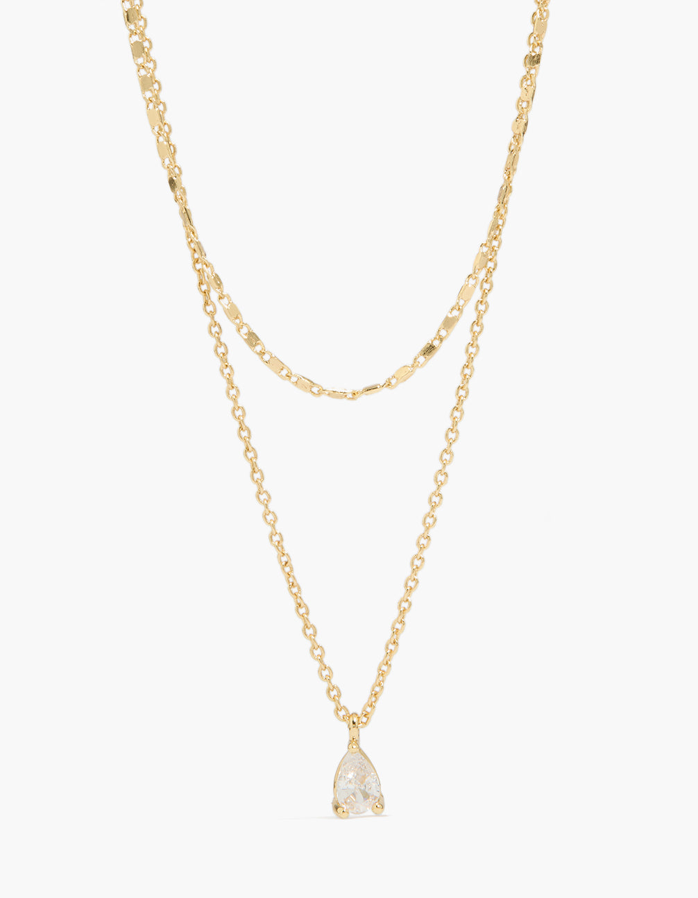 Beautifully crafted gold plated necklace featuring pear cut cubic zirconia pendant with chain in a 2-pack close up view