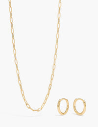 Gold Plain Chain & Huggie Earrings Set - link has visual effect only