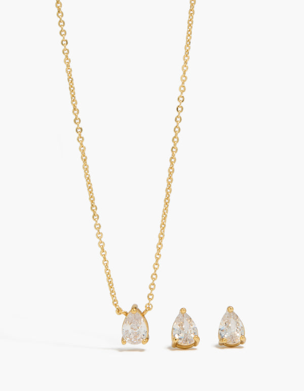 Gold Plated Pear Cubic Zirconia Necklace & Earrings Set