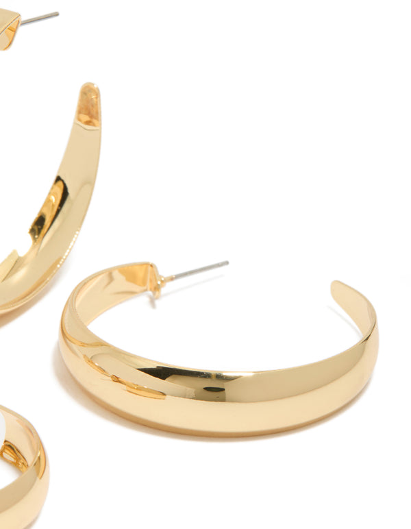 Crafted gold plated medium and large hoop earrings in a 2-pack close up view