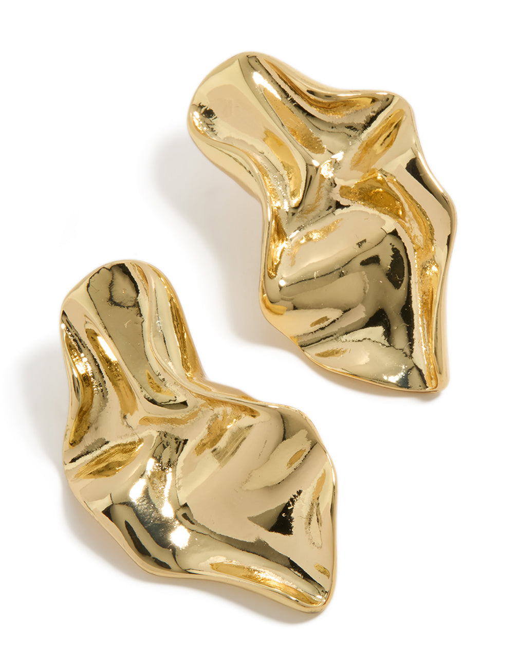 Discover these gold plated wavy organic drop stud earrings with a lustrous finish front view