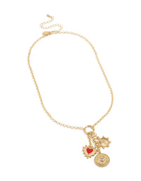 Gold Plated Diamante Disc & Red Heart Charm Necklace - link has visual effect only