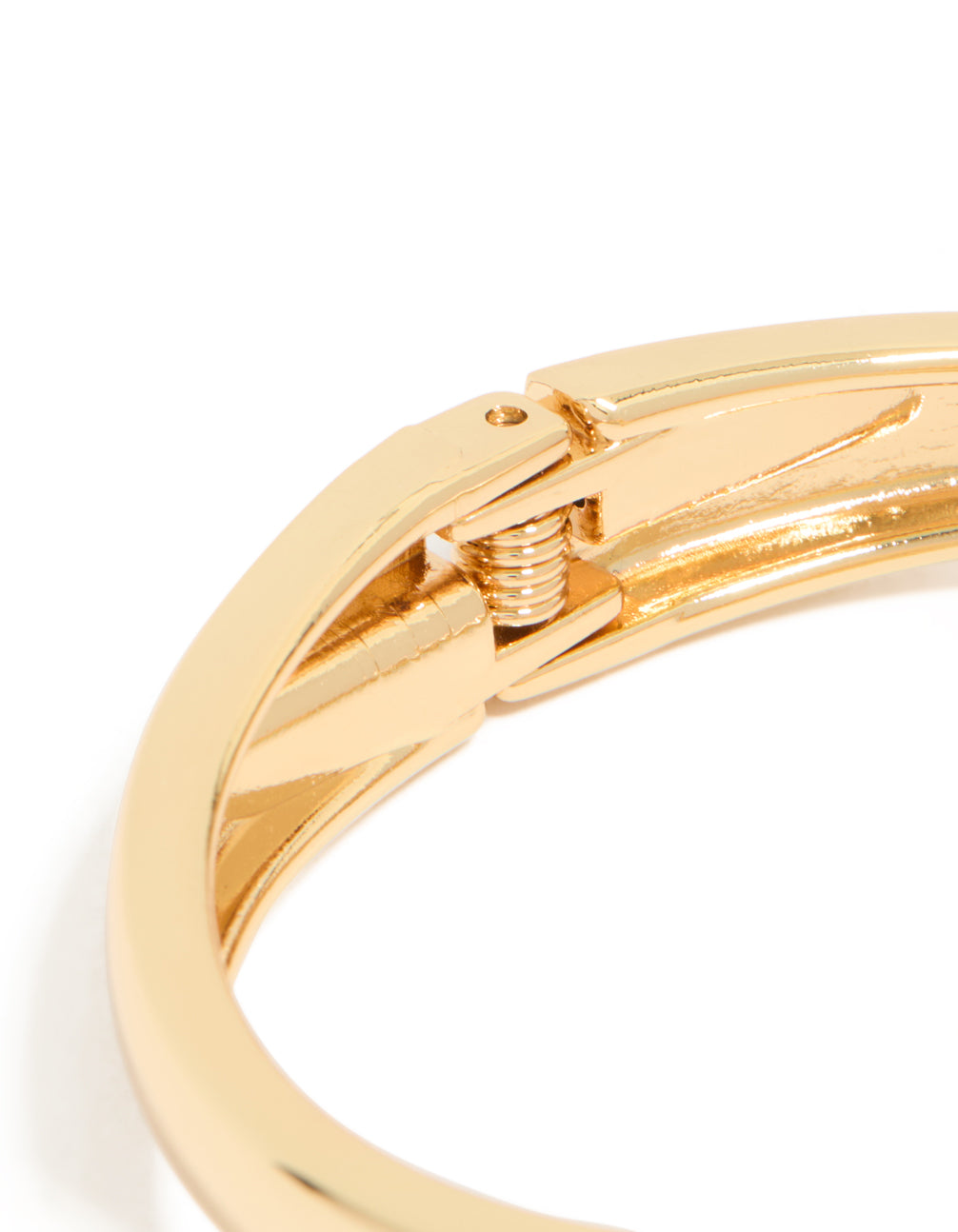 Gold plated flat teardrop hinged bangle with visible mechanism closure detail view