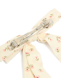 Crafted from cream pink flowers printed fabric, this bow clip reveals metal clasp hardware in ivory and light pink with olive drab leaf accents detail view - link has visual effect only