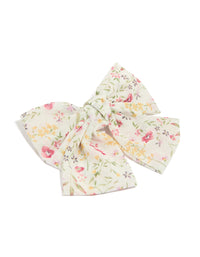Showcasing a bow clip featuring floral print with leaf accents in ivory, pink, light goldenrod yellow, and olive front view - link has visual effect only