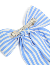 Designed with a striped pattern, this fabric bow hair clip in light blue and white features a clip fastening side view - link has visual effect only