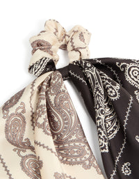 Beautifully crafted chocolate and ivory paisley fabric long scarf scrunchie in tan with white accents side view - link has visual effect only