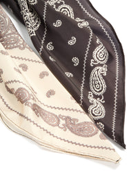 Featuring a chocolate brown and cream paisley printed statement fabric long scarf scrunchie with intricate pattern detail view - link has visual effect only