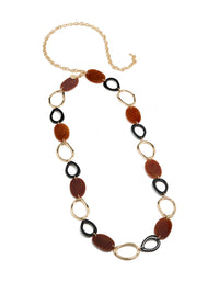 Displaying a black coated metal and acrylic link belt in gold with embellished waisted statement style front view - link has visual effect only