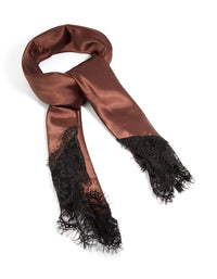 Showcasing a chocolate brown long scarf with solid print and black lace edge detailing front view - link has visual effect only