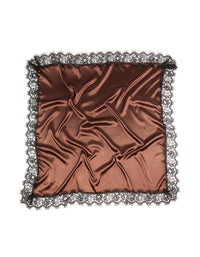 Showcasing a chocolate brown long scarf with solid print and black lace edge detailing front view - link has visual effect only