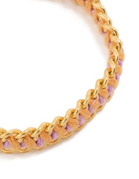Crafted from waterproof gold plated stainless steel and purple thread yarn bracelet close up view - link has visual effect only