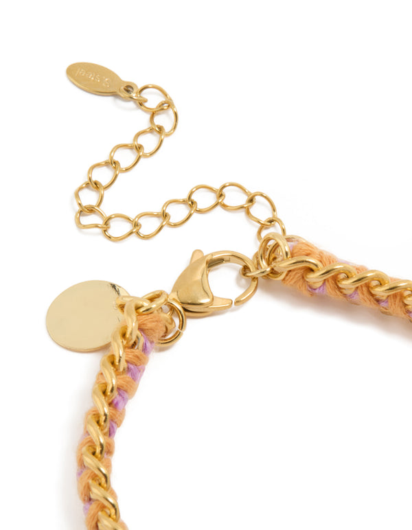 Featuring waterproof gold plated stainless steel and purple thread yarn bracelet closure detail view