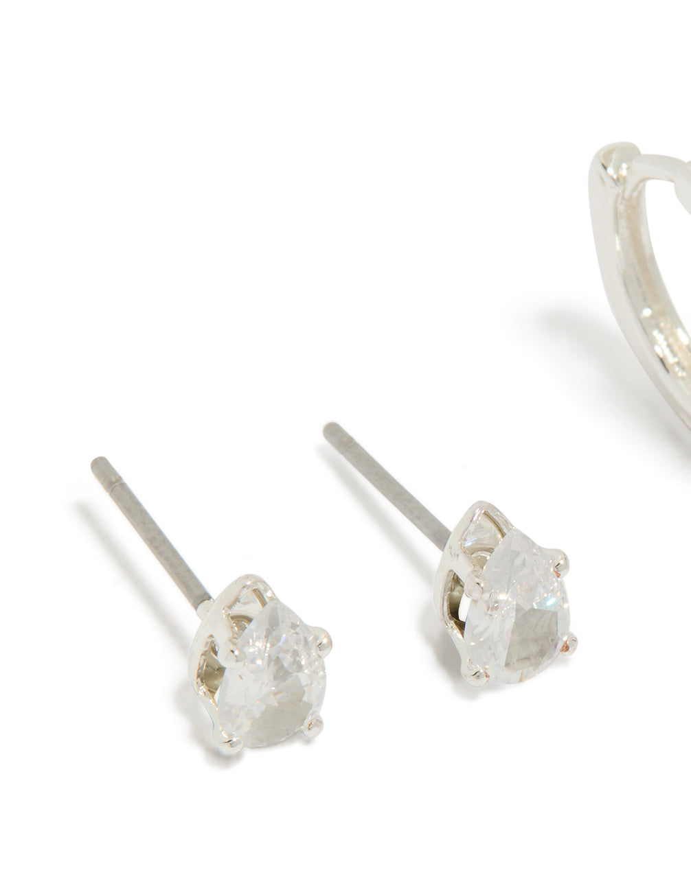 Designed with silver plated cubic zirconia hoop and stud earrings 2-pack close up view