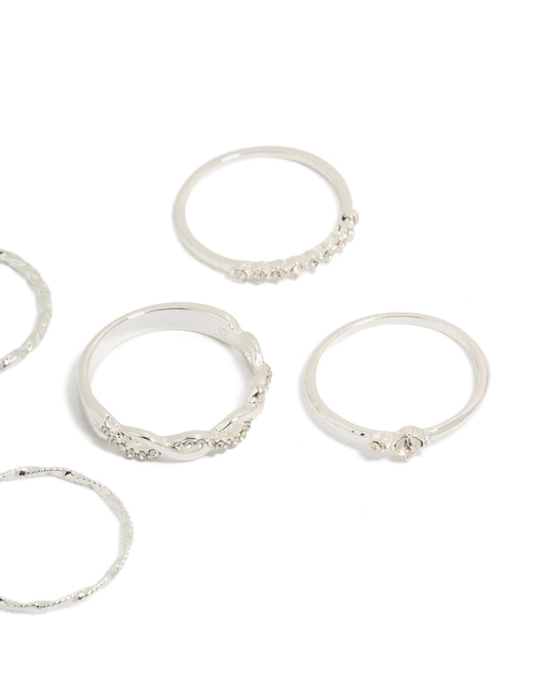 Crafted from silver plated metal, diamante and twisted rings 6-pack with statement solitaire stone cut close up view