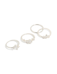 Beautifully designed silver plated cubic zirconia marquise leaf rings 4-pack featuring crystal and clear stone accents front view - link has visual effect only