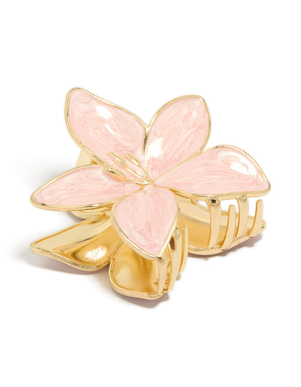 Gold Light Pink Enamel Frangipani Claw Clip