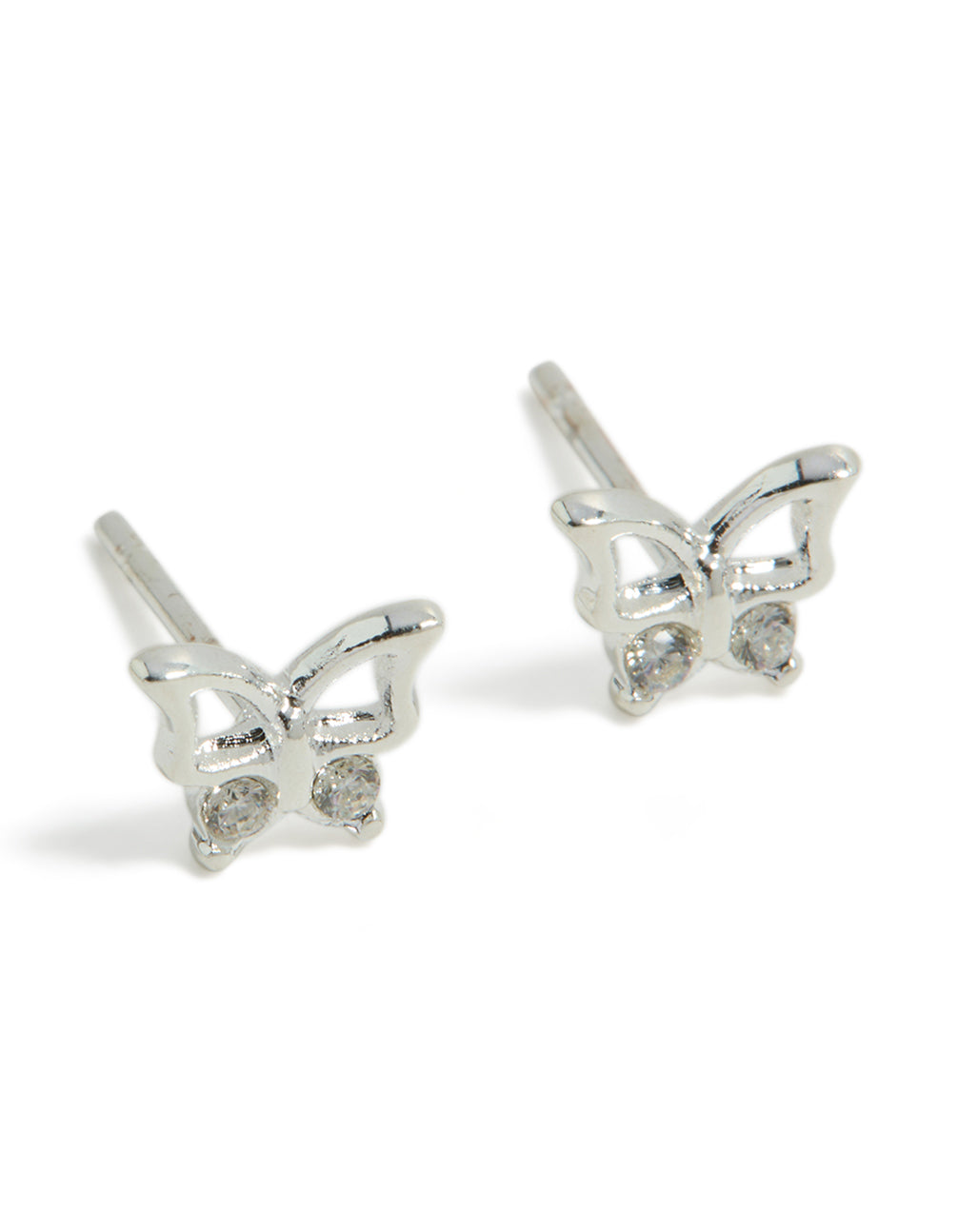 Showcasing dainty butterfly stud earrings crafted from waterproof stainless steel in silver front view