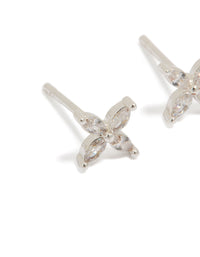 Elegant stainless steel cubic zirconia four petal stud earrings with floral design featuring plated closure in silver close up view - link has visual effect only