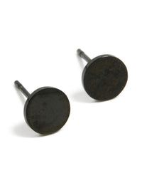 Presenting a pair of 6 MM disc stud earrings crafted from waterproof black coated stainless steel front view - link has visual effect only