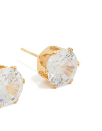 Showcasing waterproof statement stud earrings in gold plated stainless steel featuring 3 carat round cut cubic zirconia post detail view - link has visual effect only