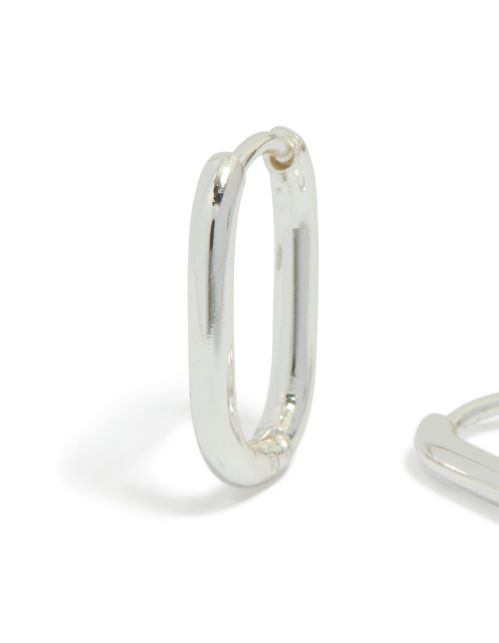 Detailed waterproof silver plated stainless steel rectangle huggie earrings close up view