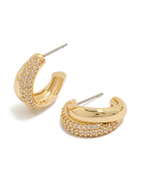Gold Plated Cubic Zirconia Pavé & Plain Layered Hoop Earrings featuring crystal embellishments and hoop closure in gold front view - link has visual effect only