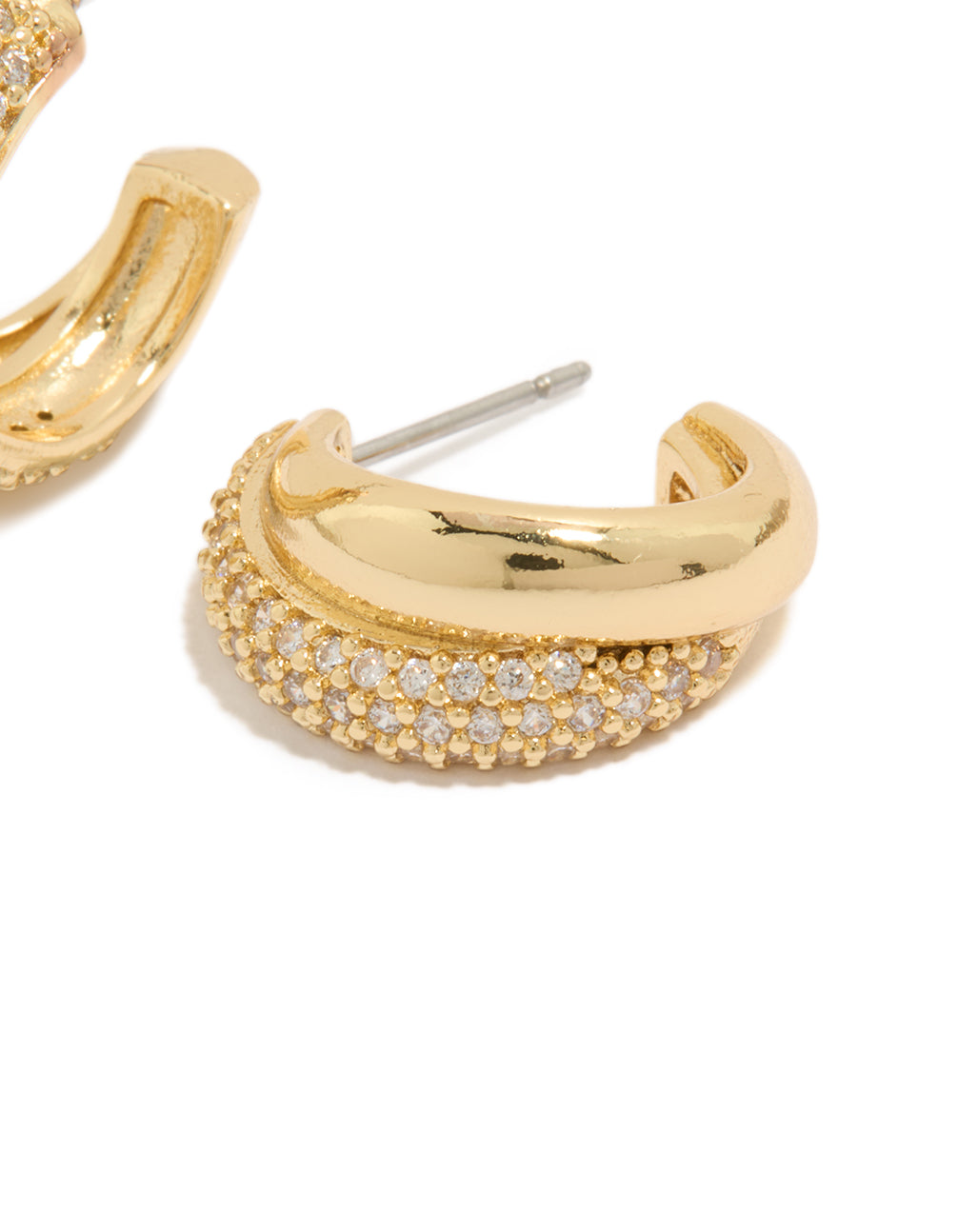 Crafted from gold plated materials with cubic zirconia pavé and crystal layered hoop earrings post detail view